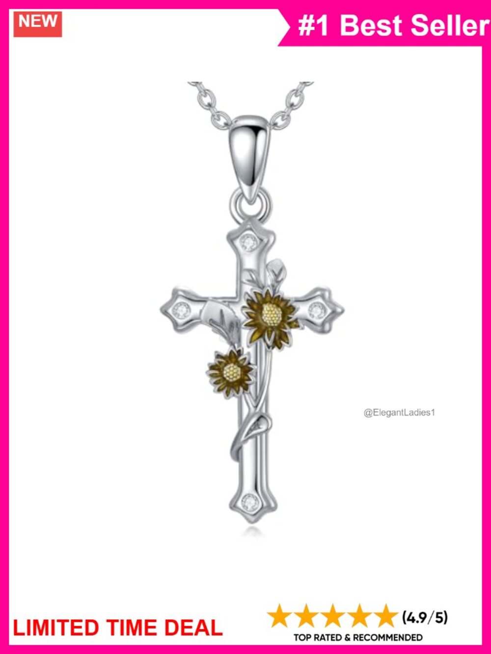 Sterling Silver Birth Flower Cross Necklace Lab Grown Diamond Pendant